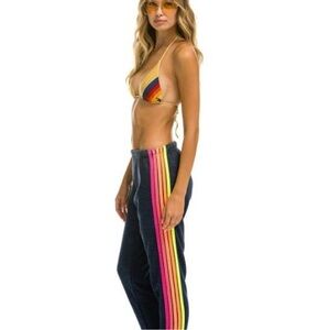 Aviator Nation navy sweatpants with rainbow stripes
